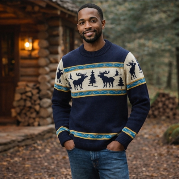 Vintage Other - Vtg Alpine Sweater Tom Mix Flying School Aspen moose trees novelty winter  sz M